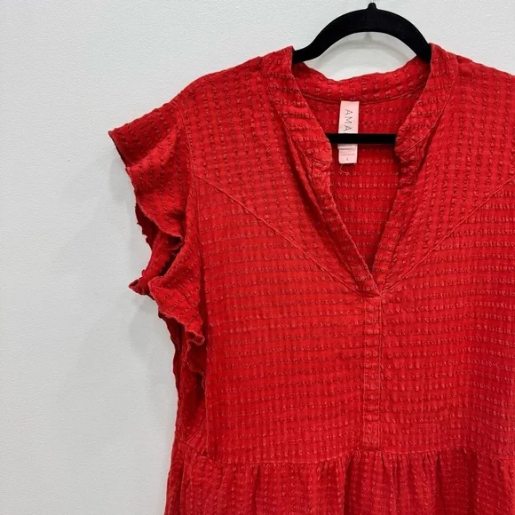 Anthropologie Amadi Flutter Sleeve Ruffle Tiered Red Dress Sz Large textured - Picture 2 of 5